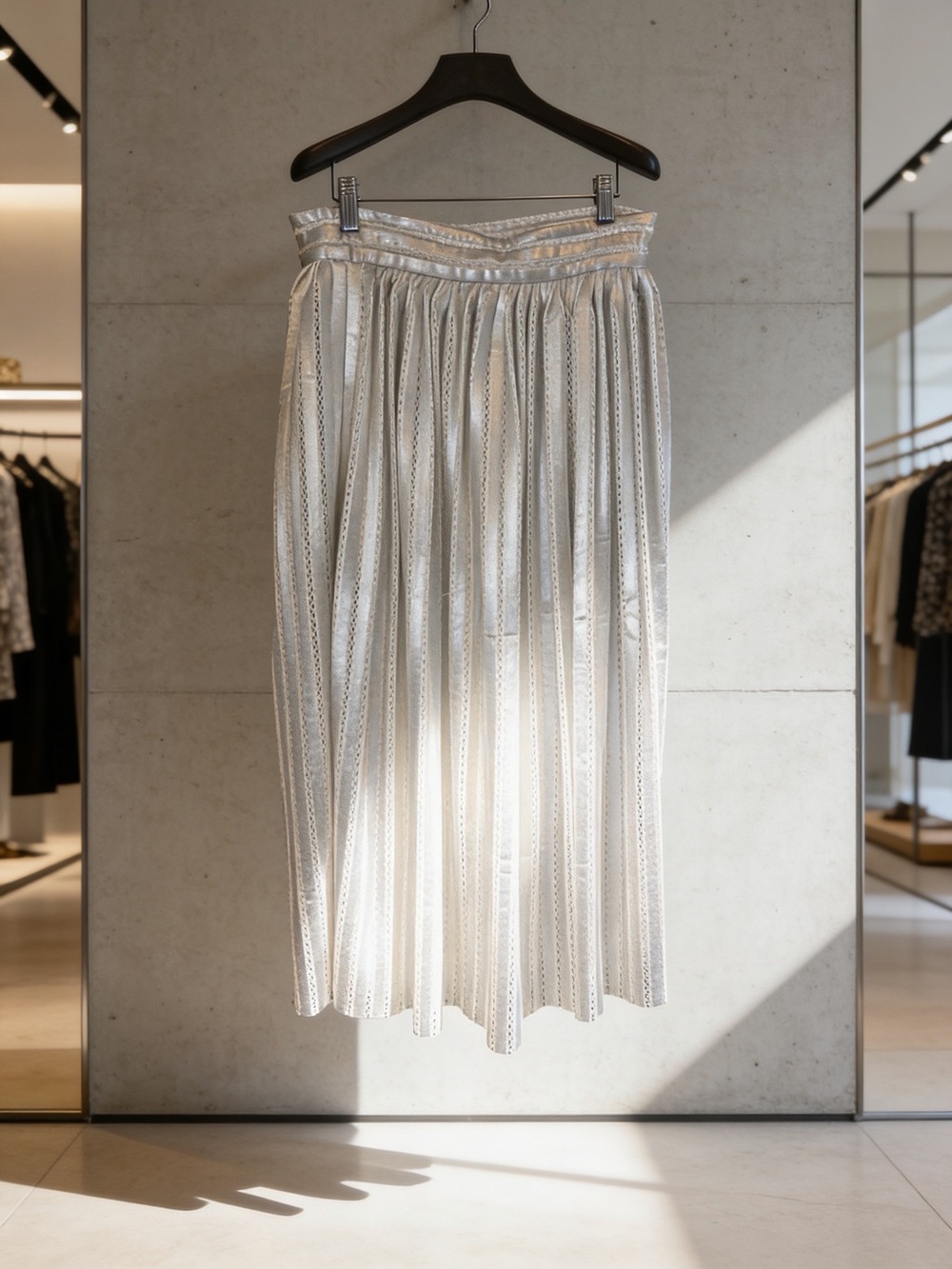 Maje Pleated Metallic Silver Midi Skirt